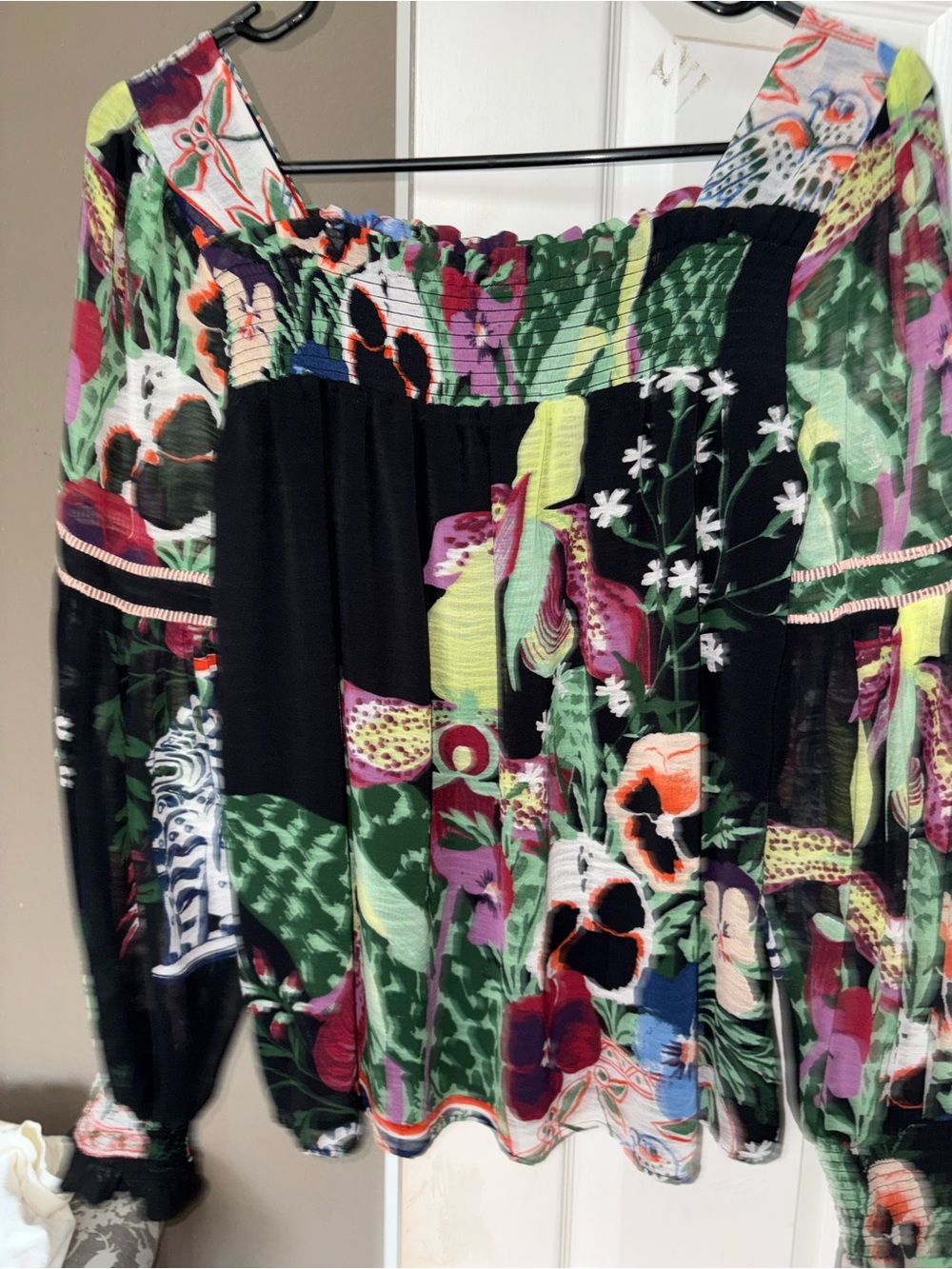 Anthropologie Black Multicolor Floral Off-Shoulder Blouse